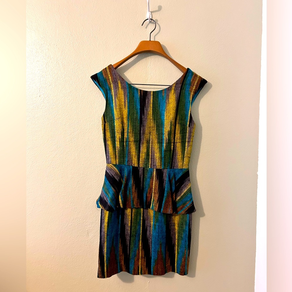 Loeffler Randall Green and Gold Peplum Sheath Dress